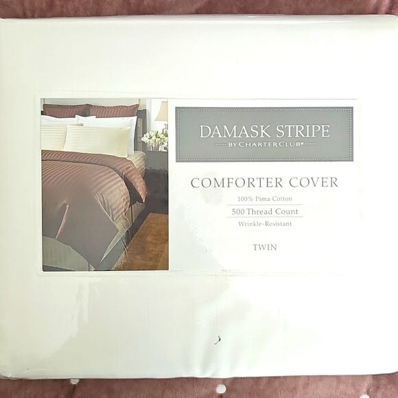 NWT Damask Stripe By Charter Club Comforter Cover, White, Size Twin - Picture 1 of 4